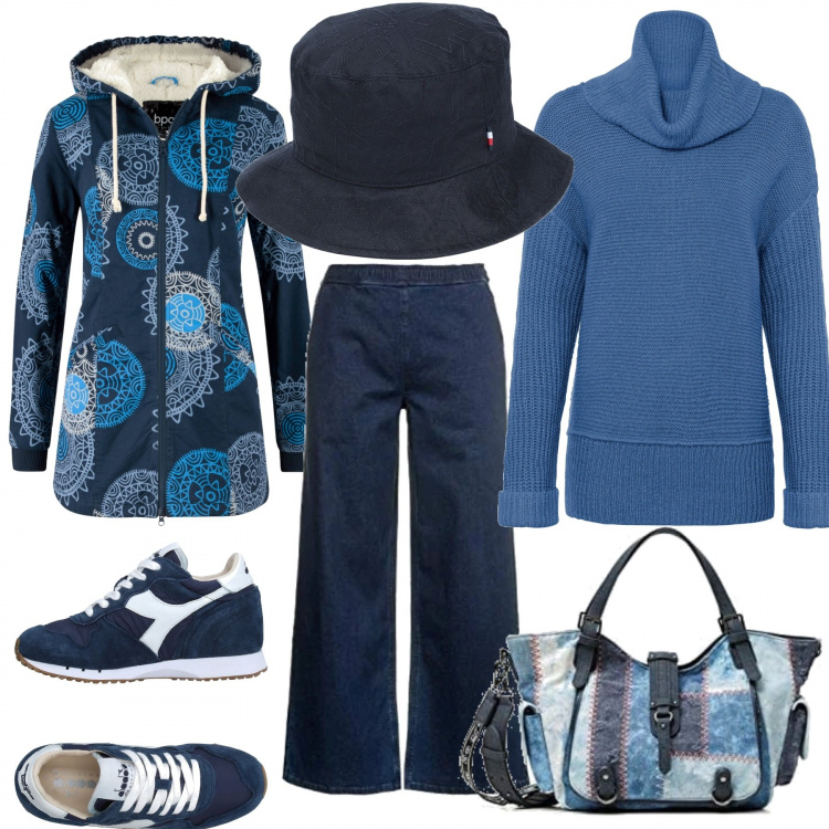 Outfit donna - Curvystyle sporty blue. Stile Casual chic per Tutti i giorni. Abbinamento con parka, maglieria, sneakers, cappelli, jeans, borse a spalla.