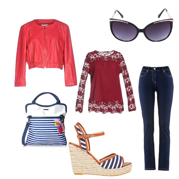 Outfit donna - Evviva il Rosso. Stile Trendy per Ufficio. Abbinamento con jeans dritti, giubbotto collo tondo con zip interno foderato in pelle sintetica tinta unita, maglia fantasia floreale a maniche lunghe in viscosa rosso, sandali con zeppe a righe in pelle sintetica, borsa a tracolla bianco, occhiali da sole nero.