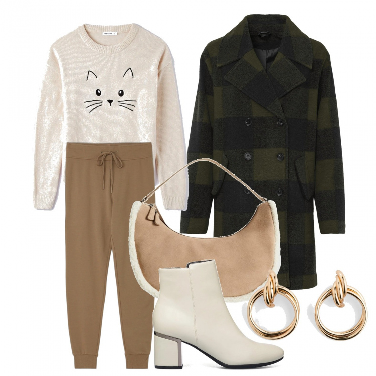 Outfit donna - Waiting 4 2021: furba come un gatto. Stile Basic per Tutti i giorni. Abbinamento con ballerine, orecchini, maglieria, pantaloni, stivaletti, borse a spalla.