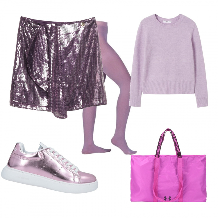 Outfit donna - Tempo libero. Stile Casual per Tutti i giorni. Abbinamento con minigonne, borse a spalla, sneakers, collant, pullovers.