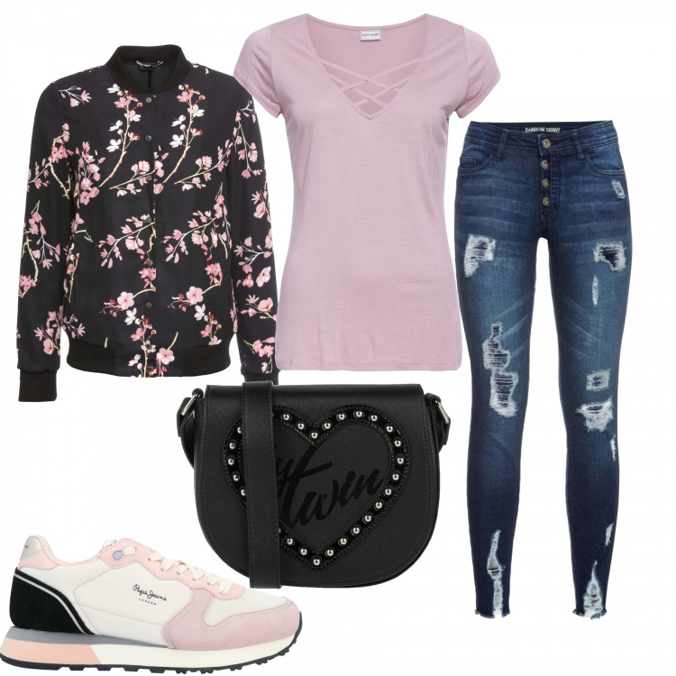 Outfit donna - Curvystyle a fiori. Stile Casual per Tutti i giorni. Abbinamento con bomber, jeans strappati, maglieria, sneakers, borse a tracolla.