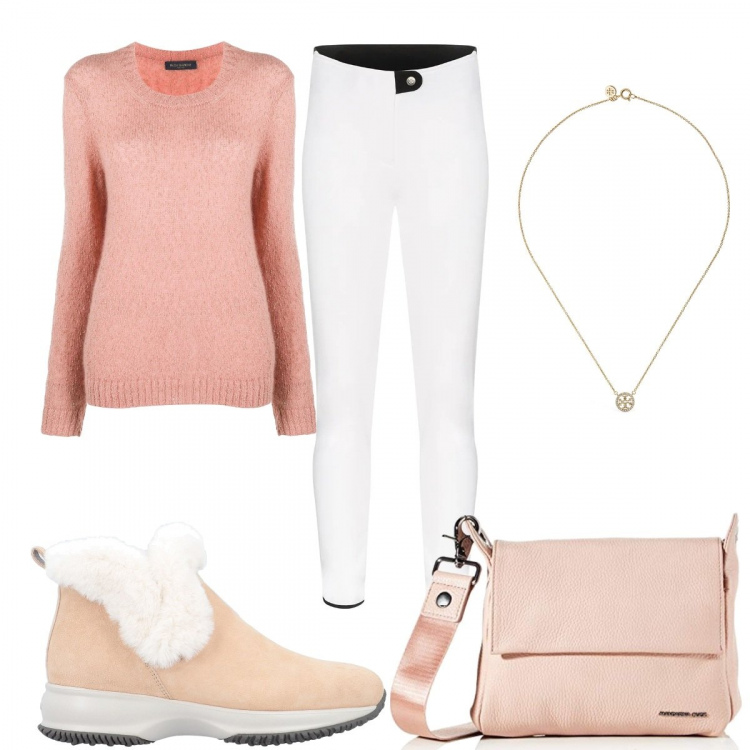Outfit donna - Inverno in rosa. Stile Minimal per Tutti i giorni. Abbinamento con stivaletti, pantaloni, maglieria, ciondoli, borse a tracolla.
