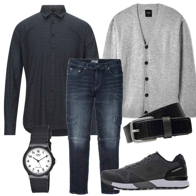 Outfit uomo - Col cardigan mi sento bene. Stile Casual per Ufficio. Abbinamento con jeans slim fit, camicie, cardigans, sneakers, orologi analogici, cinture.