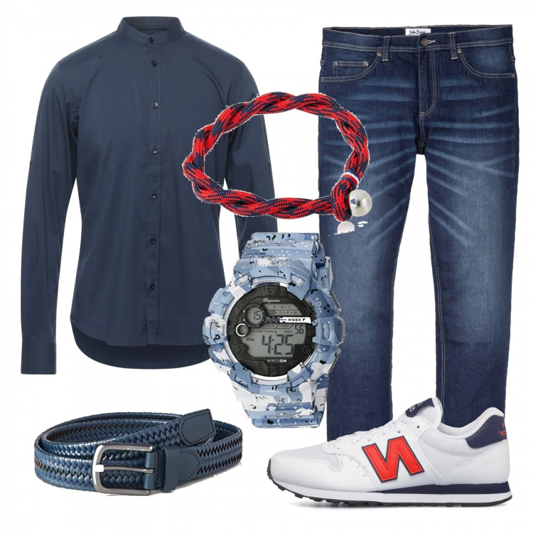 Outfit uomo - Casual per passeggiate con te. Stile Casual per Tutti i giorni. Abbinamento con jeans dritti, camicie, sneakers, cinture, braccialetti, orologi.