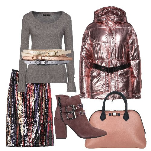 Outfit donna - Glam col pull grigio. Stile Glamour per Serata fuori. Abbinamento con cinture, gonne longuette, piumini, borse a mano, stivaletti, pullovers.
