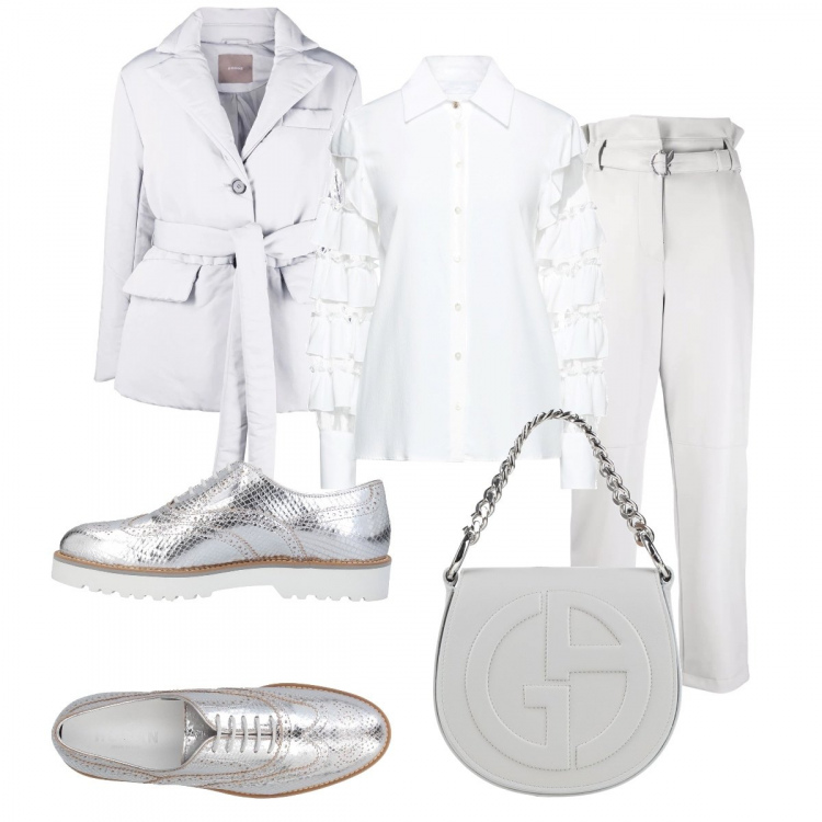 Outfit donna - Argento e grigio chiaro. Stile Casual per Tutti i giorni. Abbinamento con scarpe stringate, camicie, borse a mano, piumini, pantaloni.