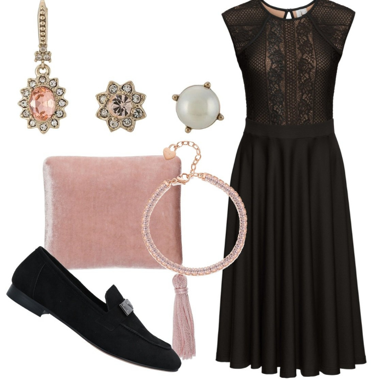 Outfit donna - Capodanno a tacco zero. Stile Chic per Serata fuori. Abbinamento con vestiti, mocassini, braccialetti, orecchini, pochette.