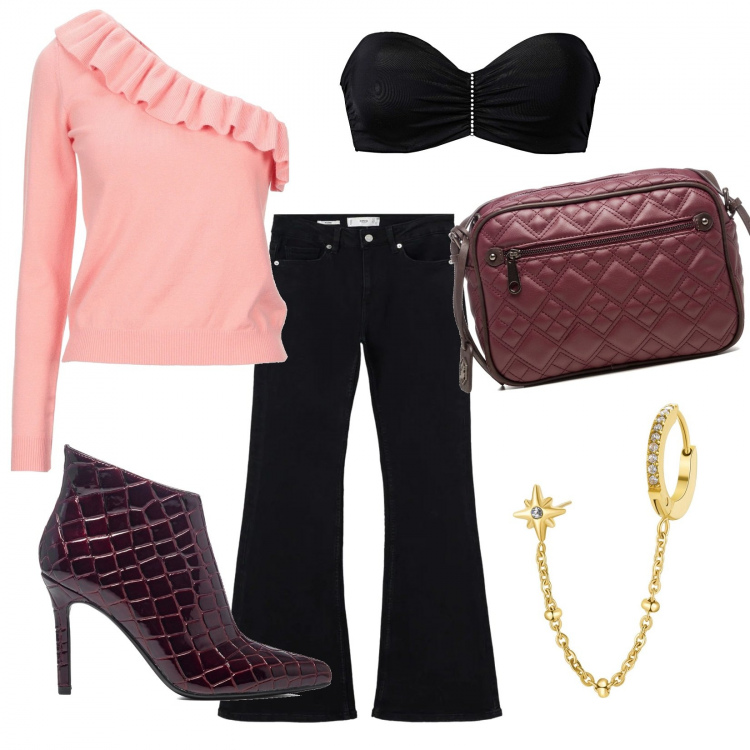 Outfit donna - Glam in pullover. Stile Glamour per Serata fuori. look ideale per Petite. Abbinamento con reggiseni, pullovers, orecchini, stivaletti, borse a tracolla, jeans.