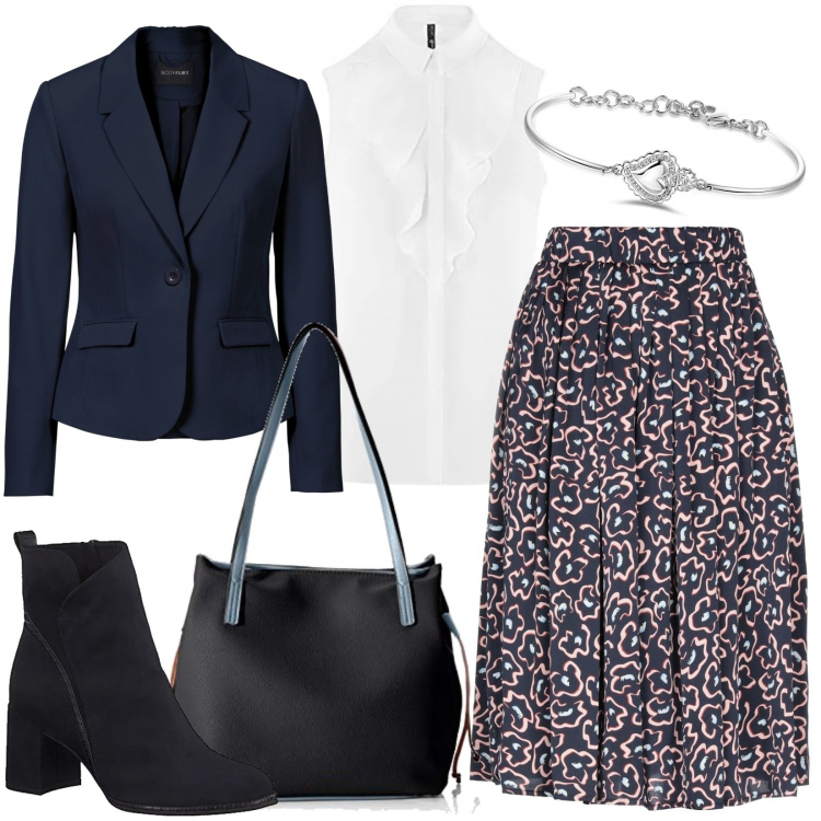 Outfit donna - Gonna fantasia e blazer blu. Stile Bon Ton per Ufficio. Abbinamento con blazer, gonne longuette, braccialetti, shopping bag, top, stivaletti.