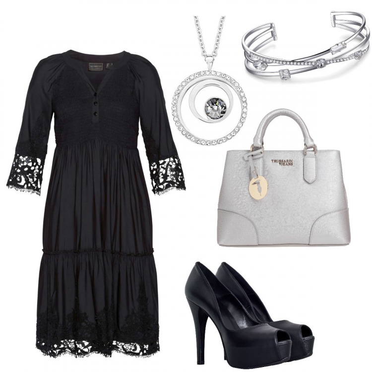 Outfit donna - Curvy: special evening. Stile Romantica per Serata fuori. Abbinamento con vestiti chemisier, borse a mano, décolleté, braccialetti, ciondoli.