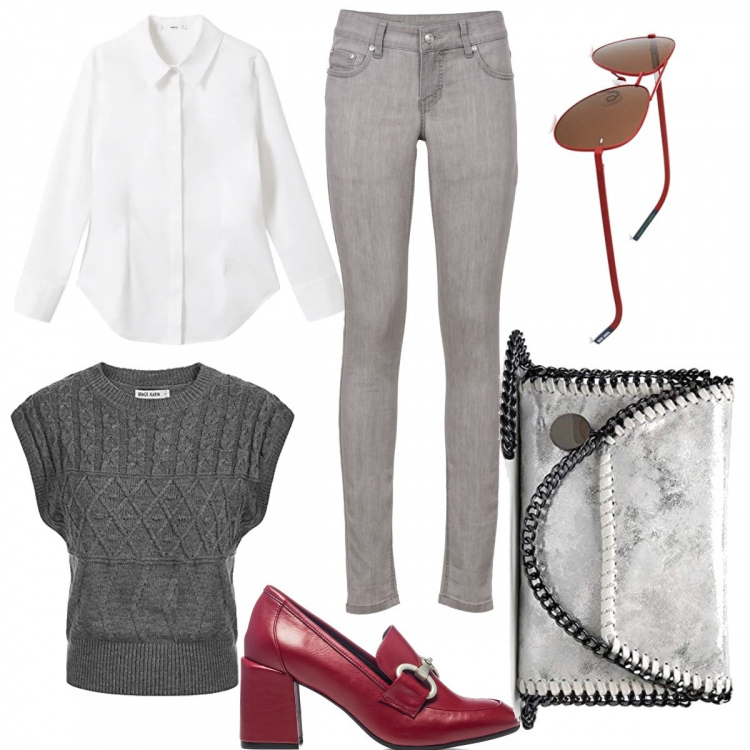 Outfit donna - Ufficio. Stile Basic per Ufficio. Abbinamento con jeans skinny, mocassini, gilet, borse a tracolla, camicie, occhiali da sole.