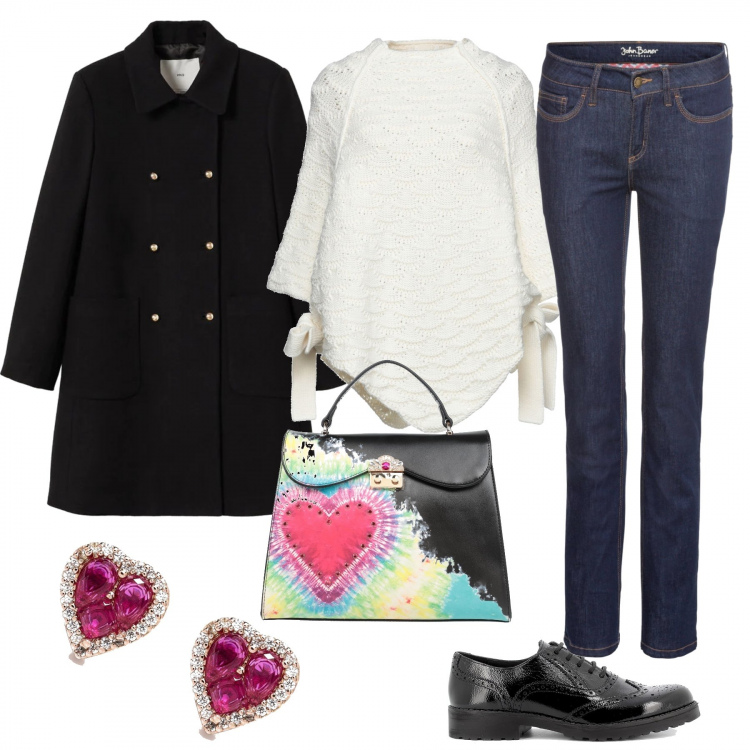 Outfit donna - Casual #14377. Stile Casual per Tutti i giorni. Abbinamento con jeans dritti, cappe, borse a mano, scarpe stringate, orecchini, cappotti.
