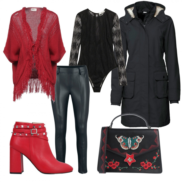 Outfit donna - Rosso rock. Stile Glamour per Tutti i giorni. Abbinamento con parka, treggings, cardigans, borse a mano, stivaletti, body.