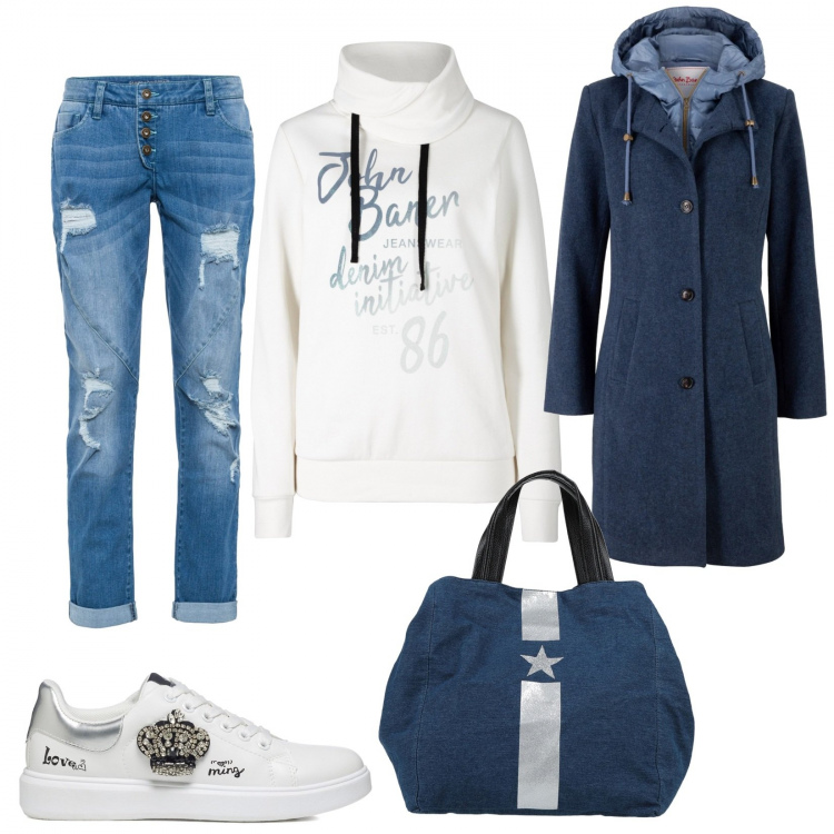 Outfit donna - Curvystyle jeans e felpa. Stile Casual per Tutti i giorni. Abbinamento con cappotti, jeans boyfriend, felpe, borse a mano, sneakers.