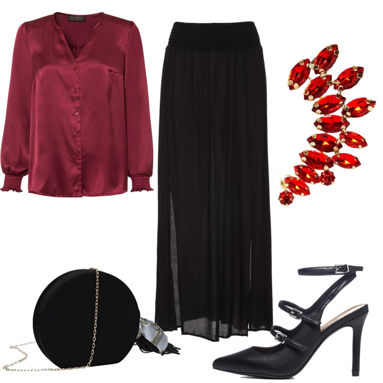 Outfit donna - San Silvestro curvyplus. Stile Chic per Serata fuori. Abbinamento con gonne lunghe, bluse, orecchini, décolleté, pochette.