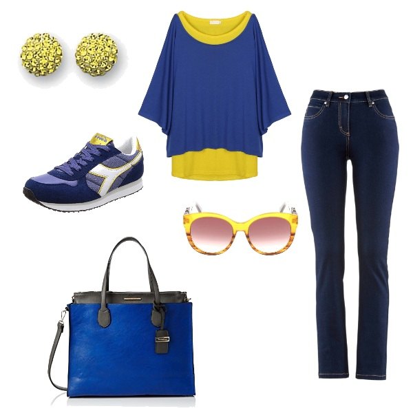Outfit donna - Blu elettrico il Top. Stile Trendy per Tutti i giorni. Abbinamento con jeans dritti, tunica, sneakers blu, borsa a tracolla tinta unita blu, orecchini in sterling 925 argento, occhiali da sole lenti sfumate effetto acetato.