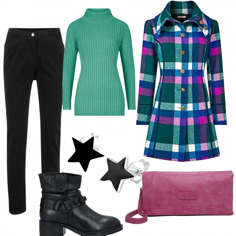 Outfit donna - In cittá. Stile Romantica per Tutti i giorni. Abbinamento con pantaloni, maglieria, stivaletti, cappotti, orecchini, clutch.
