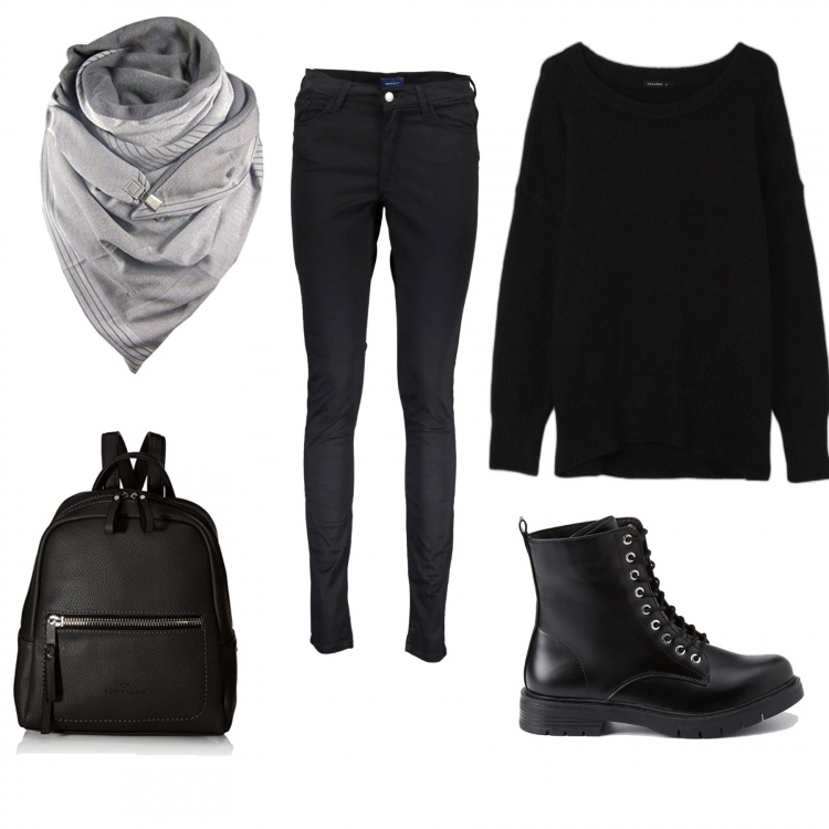 Outfit donna - Sporty chic #10. Stile Sporty chic per Tutti i giorni. Abbinamento con pullovers, anfibi, scialli, pantaloni, zaini.