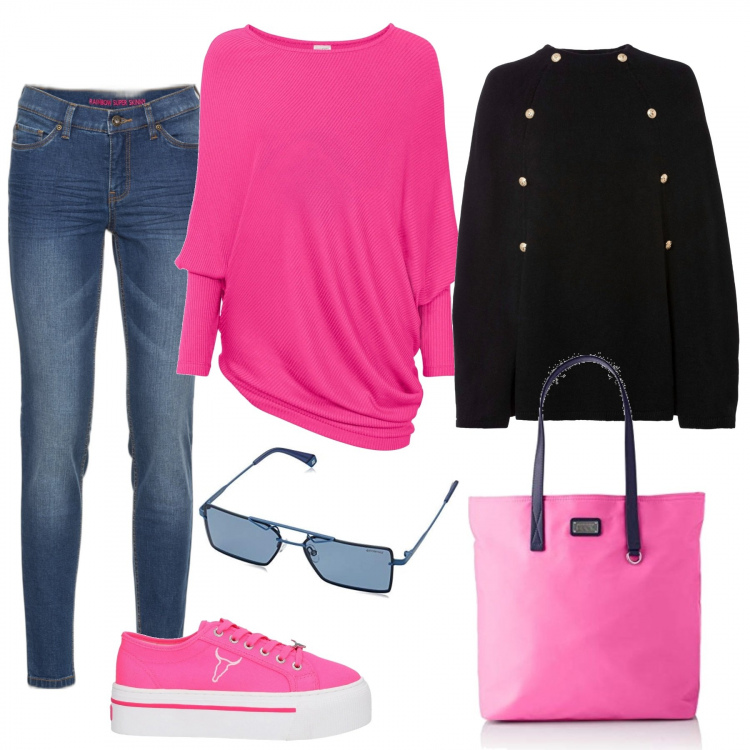 Outfit donna - Blu e fucsia con le amiche. Stile Casual per Tutti i giorni. Abbinamento con jeans skinny, maglieria, cappotti, sneakers, shopping bag, occhiali da sole.