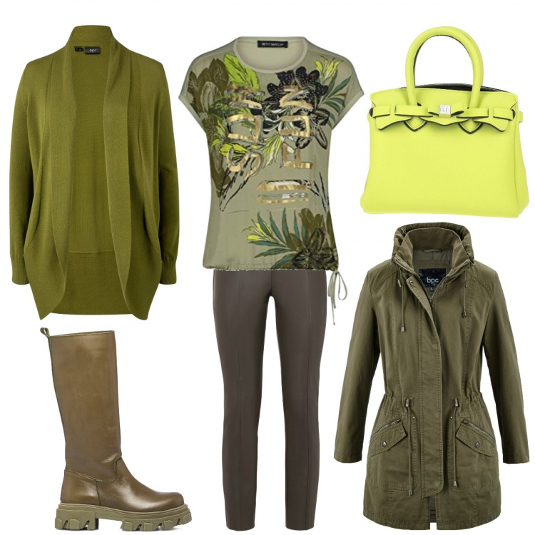 Outfit donna - Tonalità di verde. Stile Casual per Tutti i giorni. Abbinamento con parka, cardigans, pantaloni, borse a mano, stivali, t-shirt.