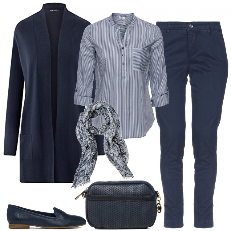 Outfit donna - Basic in blu. Stile Basic per Tutti i giorni. Abbinamento con tuniche, pantaloni, borse a tracolla, mocassini, cardigans, sciarpe.
