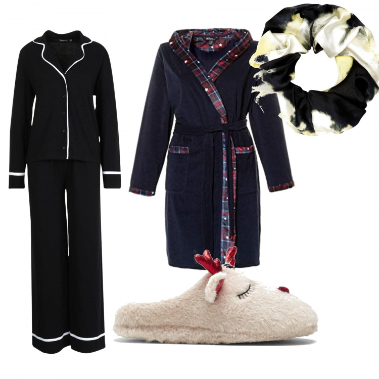 Outfit femme - Soirée pyjama. Style Casual pour Tous les jours. Assortir avec pantoufles, pyjama, robes de chambre, accessoires pour cheveux.