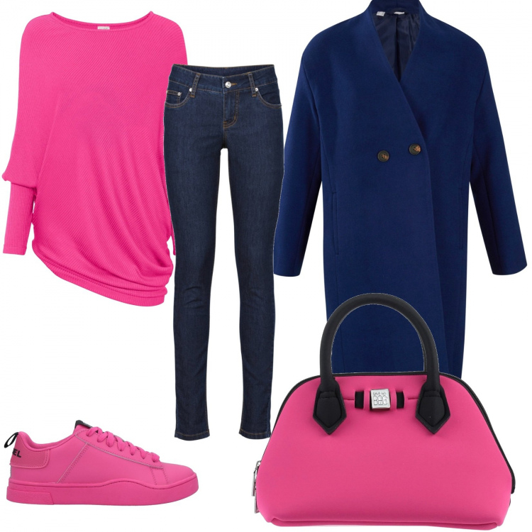 Outfit donna - Curvystyle colore block. Stile Casual per Tutti i giorni. Abbinamento con jeans skinny, maglieria, cappotti, borse a mano, sneakers.