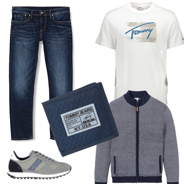 Outfit uomo - Tutti i giorni. Stile Trendy per Tutti i giorni. Abbinamento con cardigans, portafogli, sneakers, t-shirt, jeans.