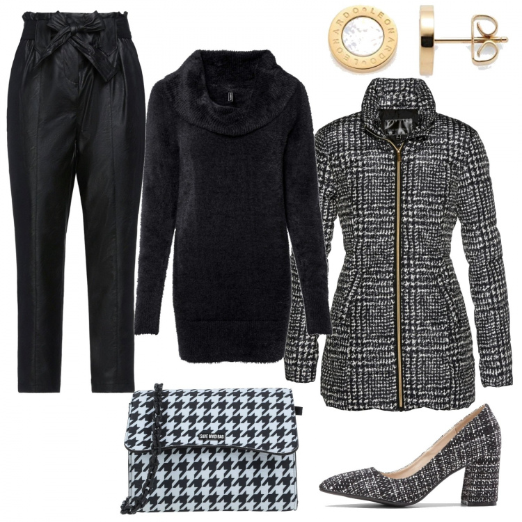 Outfit donna - Dopo il lavoro, brunch con i colleghi. Stile Casual chic per Tutti i giorni. Abbinamento con giacche, décolleté, maglieria, pantaloni, borse a tracolla, orecchini.