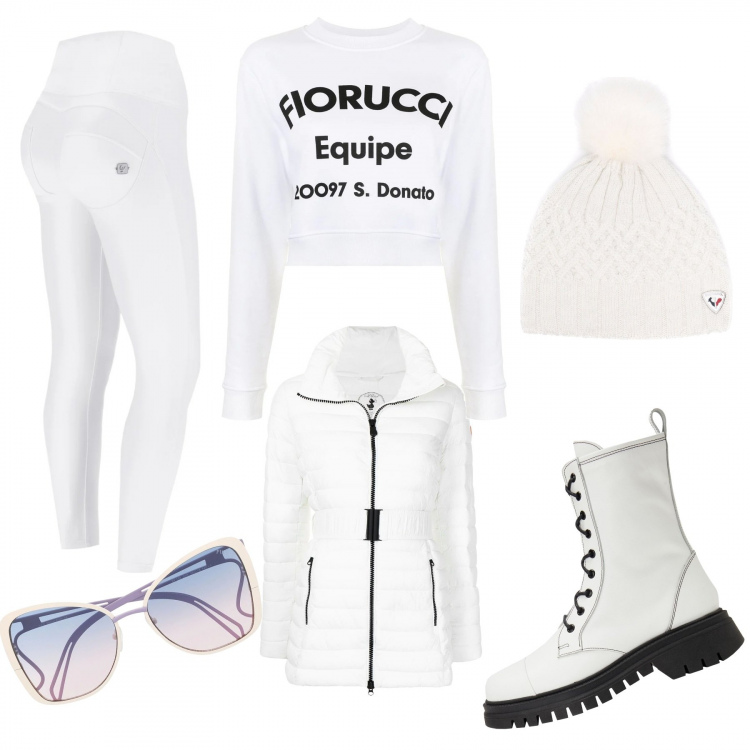 Outfit donna - Sulla neve. Stile Basic per Tutti i giorni. Abbinamento con anfibi, giacche, occhiali da sole, berretti, felpe, pantaloni skinny.