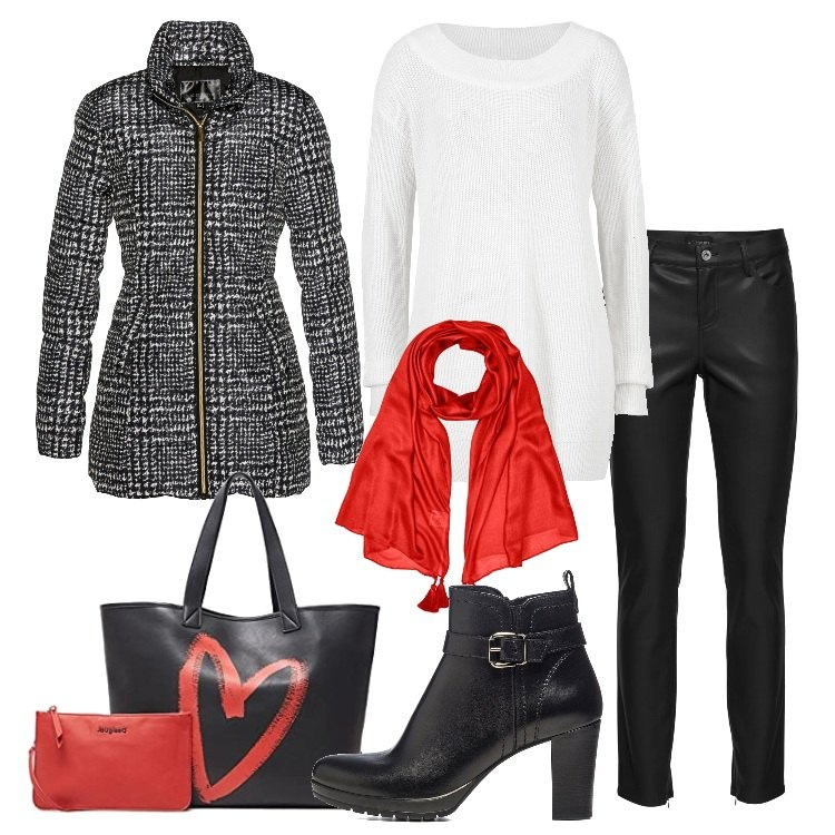 Outfit donna - Con la sciarpina rossa. Stile Casual per Tutti i giorni. Abbinamento con giacche, maglieria, pantaloni, stivaletti, shopping bag, sciarpe.