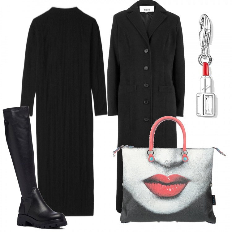 Outfit donna - Punto sugli accessori. Stile Minimal per Serata fuori. Abbinamento con cappotti, borse a mano, vestiti lunghi, stivali, berretti, braccialetti.
