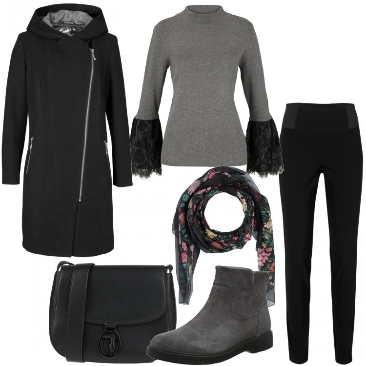 Outfit donna - Eleganza lineare. Stile Chic per Ufficio. Abbinamento con blazer, maglieria, treggings, borse a tracolla, sciarpe, stivali.