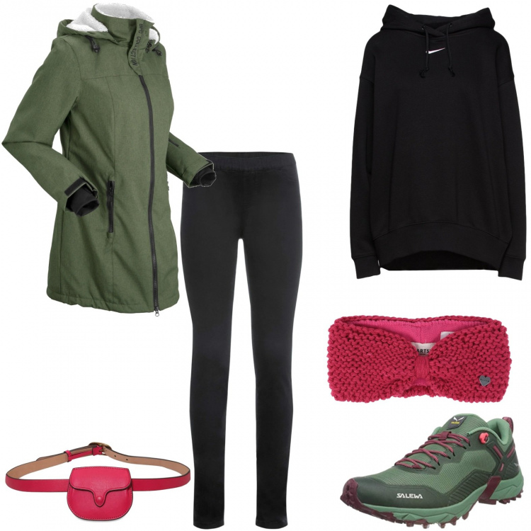 Outfit donna - Movimento fuori casa. Stile Sporty chic per Sport. Abbinamento con blazer, jeggings, felpe con cappuccio, accessori per capelli, scarpe sportive, marsupi.