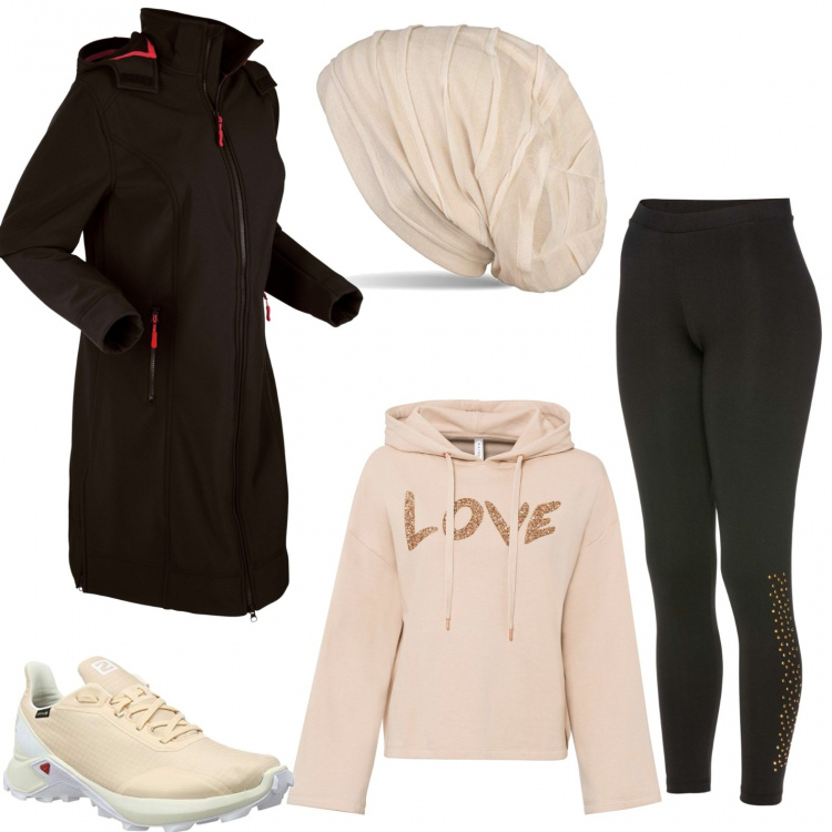 Outfit donna - Quattro comodi passi. Stile Sporty chic per Sport. Abbinamento con blazer, felpe, leggings, scarpe sportive, berretti.
