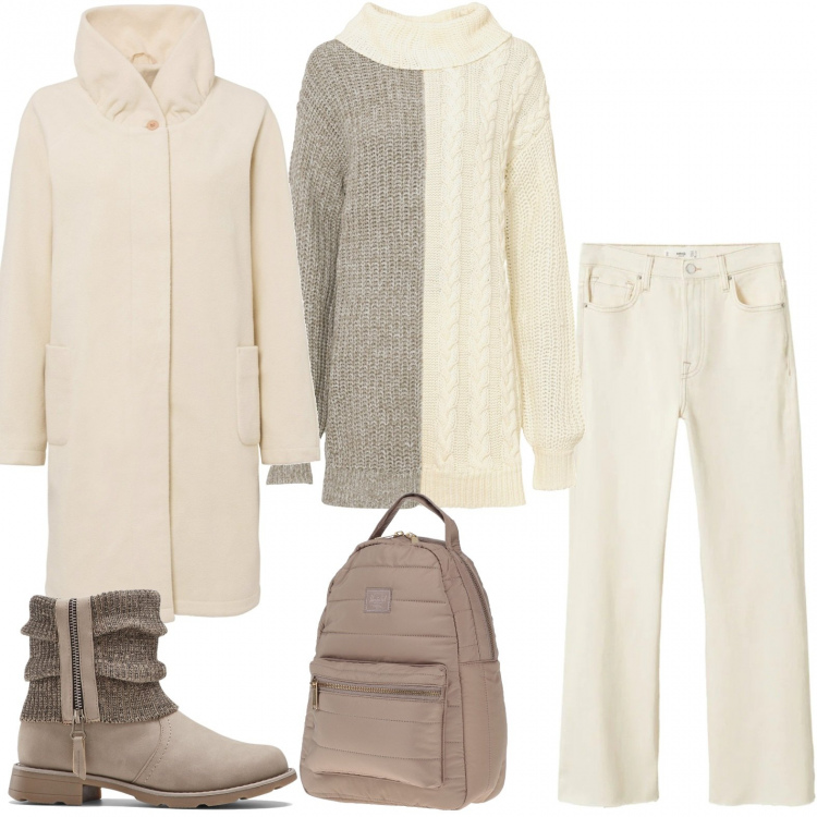 Outfit donna - Il maxi pull. Stile Casual per Ufficio. Abbinamento con stivaletti, maglieria, cappotti, zaini, jeans bootcut.