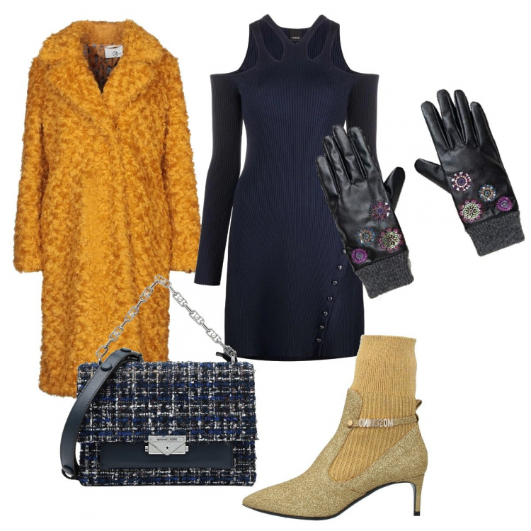 Outfit donna - Il cappottino ocra. Stile Glamour per Serata fuori. Abbinamento con stivaletti, cappotti, borse a mano, vestiti corti, guanti.