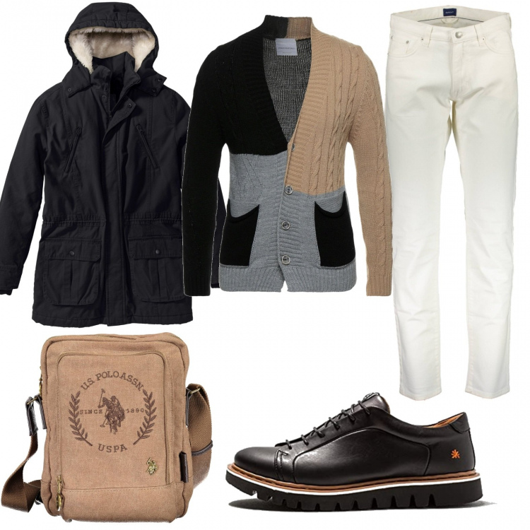 Outfit uomo - Al supermercato per le scorte. Stile Urban per Tutti i giorni. Abbinamento con parka, cardigans, scarpe stringate, polo, pantaloni.
