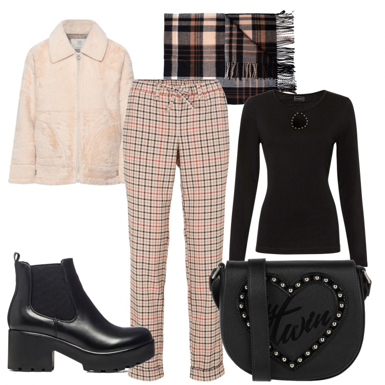 Outfit donna - Un freddo inizio curvystyle. Stile Casual per Tutti i giorni. Abbinamento con pantaloni a palazzo, maglieria, borse a tracolla, cappotti, cappe, stivaletti.