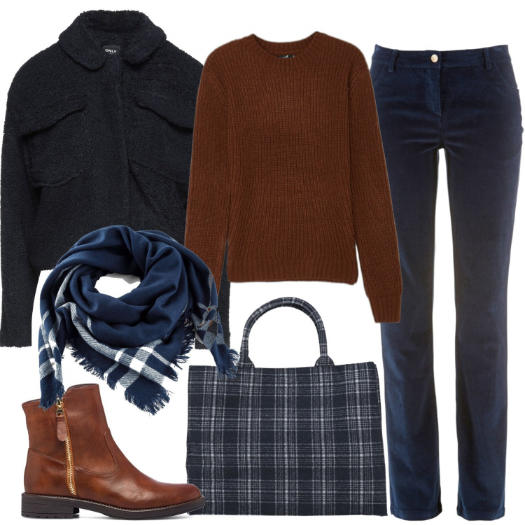 Outfit donna - Il freddo di gennaio. Stile Basic per Tutti i giorni. Abbinamento con pantaloni, foulard, borse a mano, cappotti, maglieria, stivaletti.