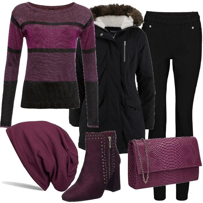 Outfit donna - Viola e luccichii per iniziare il 2022. Stile Casual chic per Serata fuori. Abbinamento con maglieria, pantaloni skinny, parka, pochette, stivaletti, berretti.