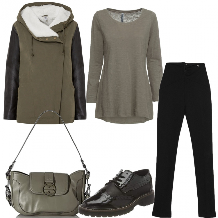 Outfit donna - Instancabile. Stile Basic per Tutti i giorni. Abbinamento con pantaloni, maglieria, parka, scarpe stringate, borse a spalla.