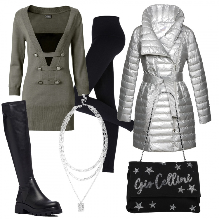 Outfit donna - Il pullover glam. Stile Glamour per Tutti i giorni. Abbinamento con leggings, pullovers, cappotti, borse a spalla, ciondoli, stivali.