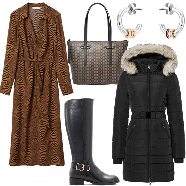 Outfit donna - Urban - Curvyplus. Stile Urban per Tutti i giorni. Abbinamento con giacche, stivali sopra il ginocchio, vestiti lunghi, borse tote, orecchini.