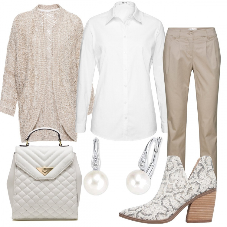 Outfit donna - Gli stivaletti particolari. Stile Bon Ton per Ufficio. Abbinamento con pantaloni chino, camicie, cardigans, stivaletti, zaini, orecchini.