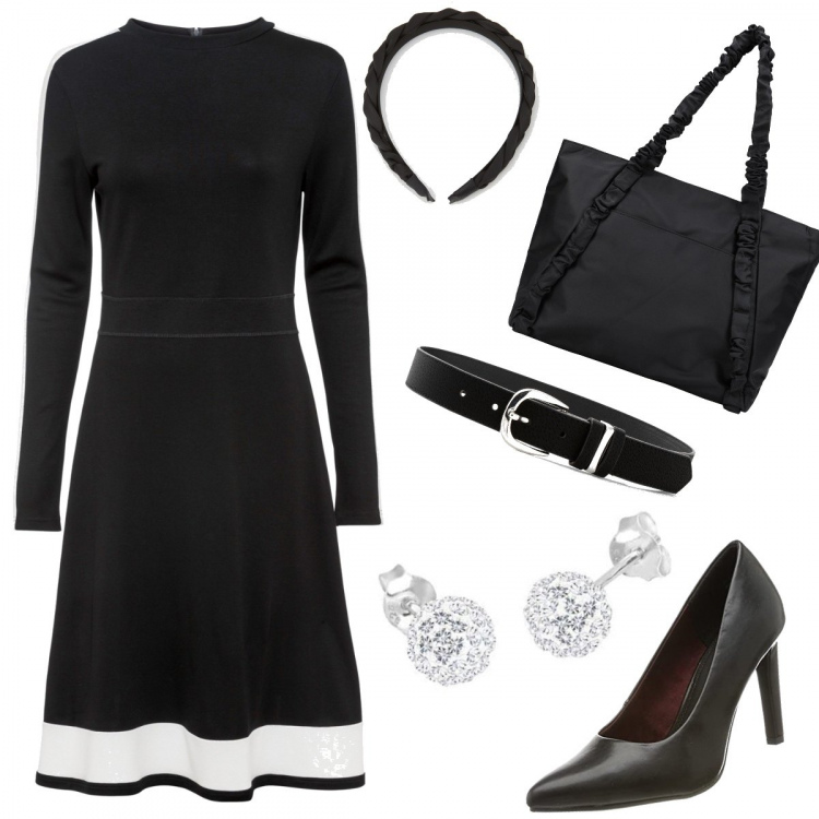 Outfit donna - Non solo lavoro. Stile Bon Ton per Tutti i giorni. Abbinamento con cinture, vestiti, borse a spalla, cerchietti, décolleté, orecchini.