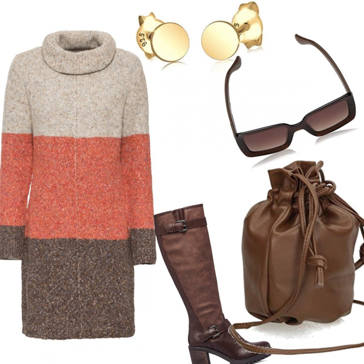 Outfit donna - Inverno non ti temo. Stile Casual chic per Tutti i giorni. Abbinamento con vestiti, stivali, pochette, orecchini, occhiali da sole.