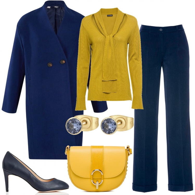Outfit donna - Lasciati illuminare. Stile Bon Ton per Ufficio. Abbinamento con pantaloni, maglieria, cappotti, orecchini, borse a tracolla, scarpe col tacco.