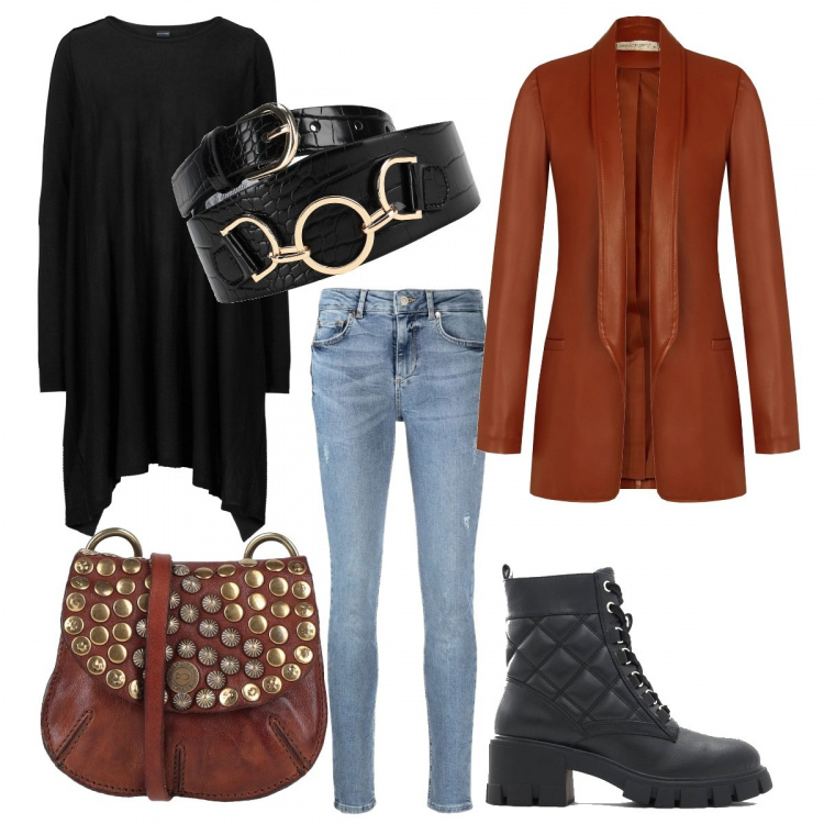 Outfit donna - Oggi a pranzo dalla suocera. Stile Casual per Tutti i giorni. Abbinamento con borse a tracolla, cinture, maglieria, giacche, jeans skinny, anfibi.
