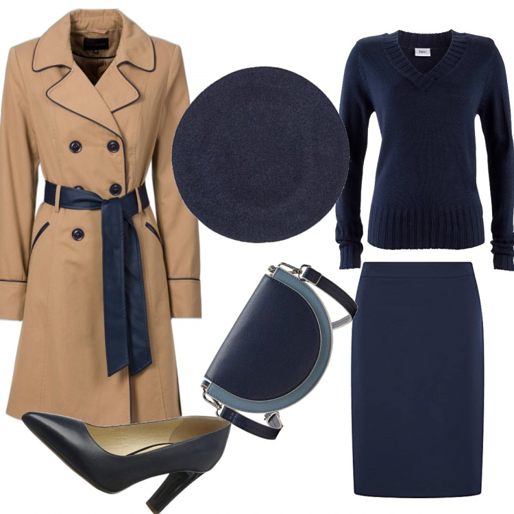 Outfit donna - Il trench passepartout. Stile Chic per Tutti i giorni. Abbinamento con trench, maglieria, gonne longuette, berretti, scarpe col tacco, borse a cartella.